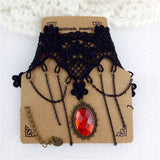 Gothic Black Lace Choker Necklace with Red Gem Pendant and Chain