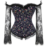 Gothic Lace Corset Top –  Off Shoulder Steampunk Bustier with Bell Sleeves