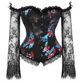 Gothic Lace Corset Top –  Off Shoulder Steampunk Bustier with Bell Sleeves