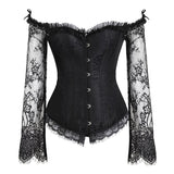 Gothic Lace Corset Top –  Off Shoulder Steampunk Bustier with Bell Sleeves