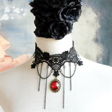 Gothic Black Lace Choker Necklace with Red Gem Pendant and Chain