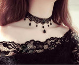 Vintage Gothic Lace Choker with Black Teardrop Pendants