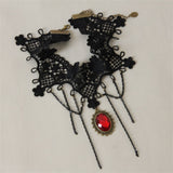 Gothic Black Lace Choker Necklace with Red Gem Pendant and Chain