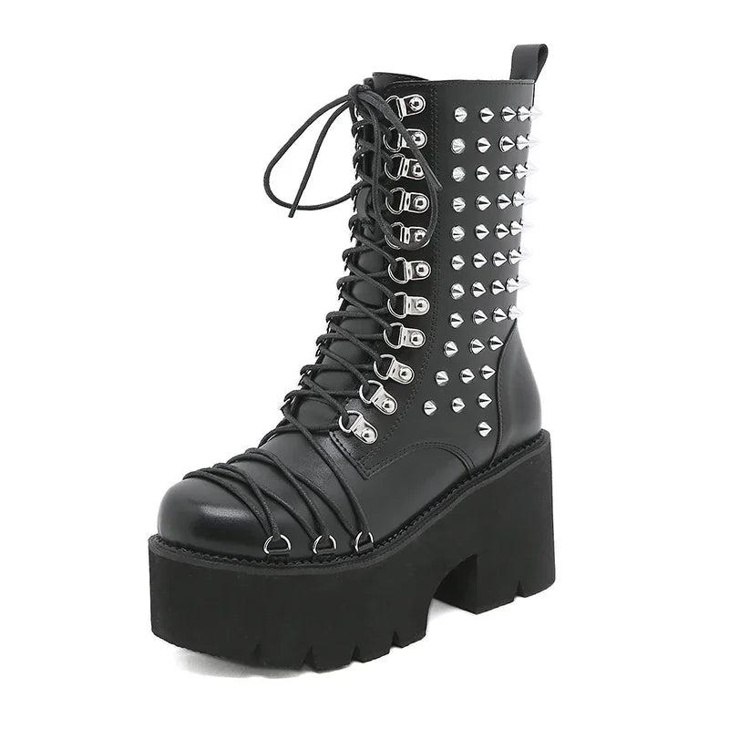 Women Motorcycle Punk Boots Mori Girl Lady Lolita Boots Woman High Top Boots Platform Fashion Rivets Goth Dark
