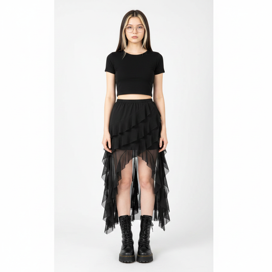 Goth Dark Mall Gothic Black Outfits Women Fashion Street Bottoms Mesh Patchwork Irregular Hem Skirt Kawaii Ruffles Skirts