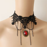Gothic Black Lace Choker Necklace with Red Gem Pendant and Chain