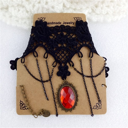 Gothic Black Lace Choker Necklace with Red Gem Pendant and Chain