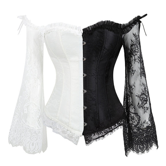 Gothic Lace Corset Top –  Off Shoulder Steampunk Bustier with Bell Sleeves