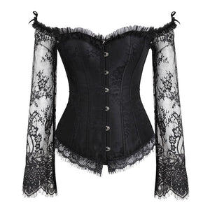 Gothic Lace Corset Top –  Off Shoulder Steampunk Bustier with Bell Sleeves