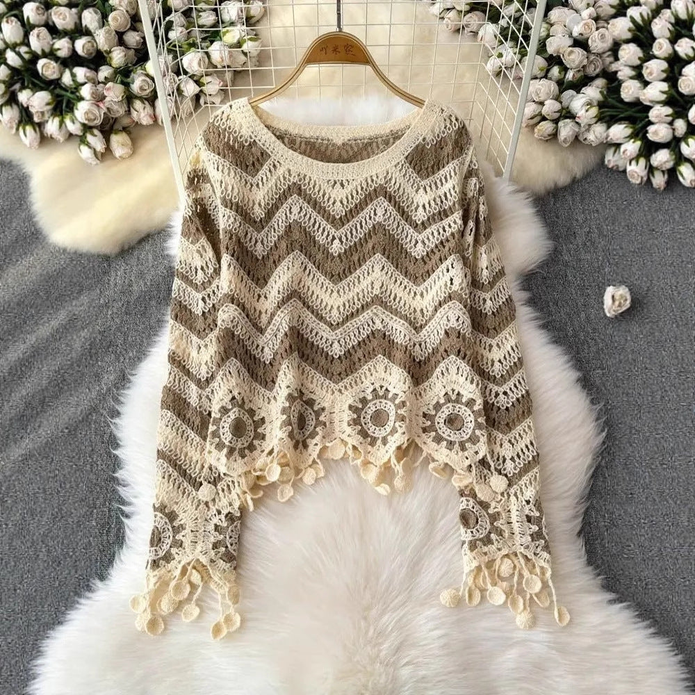 Boho Waves Crochet Fringe Sweater
