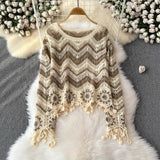 Boho Waves Crochet Fringe Sweater