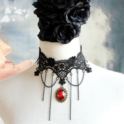 Gothic Black Lace Choker Necklace with Red Gem Pendant and Chain