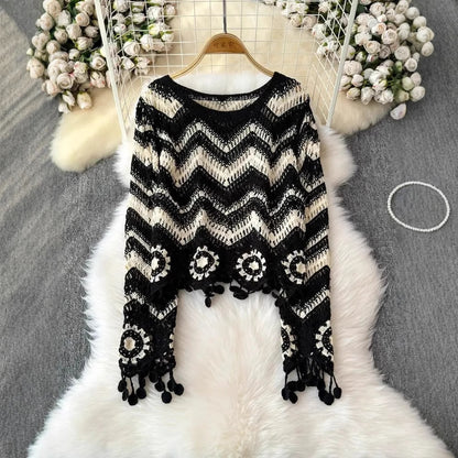 Boho Waves Crochet Fringe Sweater