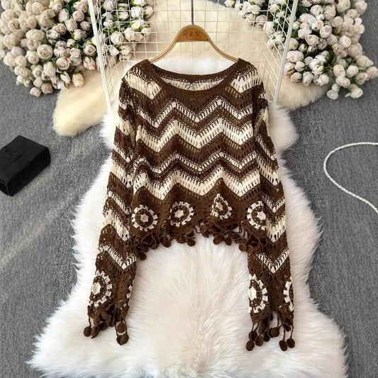 Boho Waves Crochet Fringe Sweater
