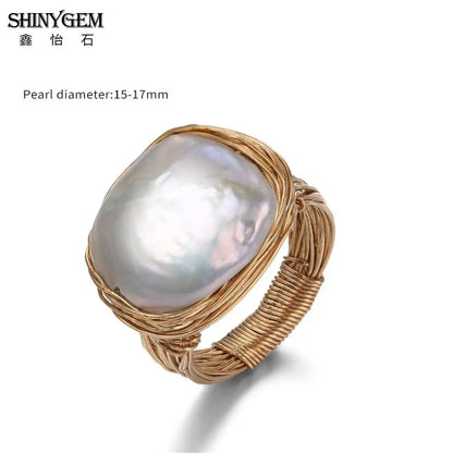 Handmade Pearl Wire Wrapped Ring – Adjustable Natural Stone Ring for Women