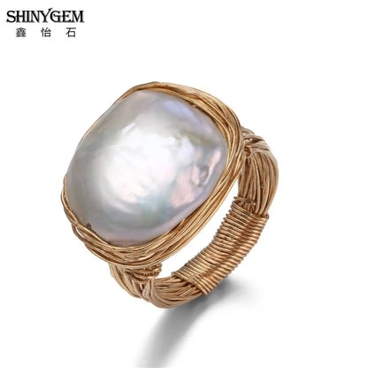 Handmade Pearl Wire Wrapped Ring – Adjustable Natural Stone Ring for Women