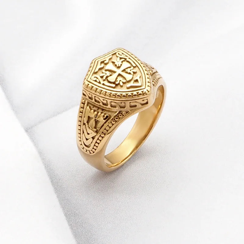 Gothic Temple Gold Plated Cross Knight Women's Ring Shield Guards High Quality Jewelry Wholesale Gift