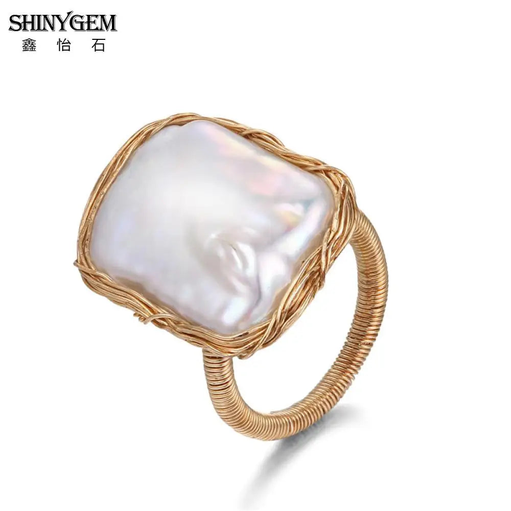 Handmade Pearl Wire Wrapped Ring – Adjustable Natural Stone Ring for Women