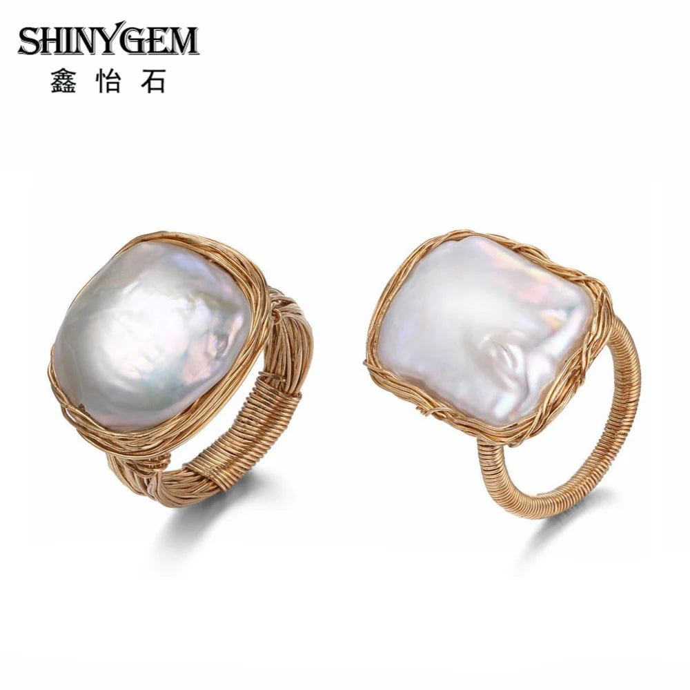 Handmade Pearl Wire Wrapped Ring – Adjustable Natural Stone Ring for Women