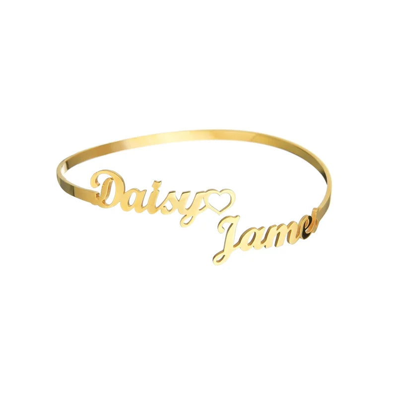 Personalized Customized Stainless Steel Custom Double Names Hollow Heart Bangle Adjustable Bracelet And Ring Sets Jewelry Gifts