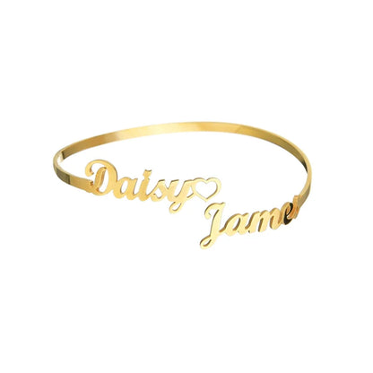 Personalized Customized Stainless Steel Custom Double Names Hollow Heart Bangle Adjustable Bracelet And Ring Sets Jewelry Gifts