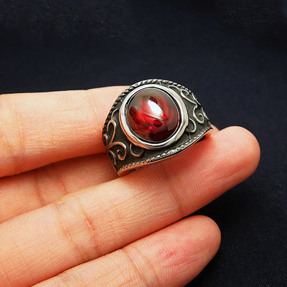 Vintage Stainless Steel Gothic Rings for Men And Women Engraved Flowers With Red Garnet Natural Stone Fine Jewellery