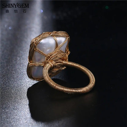 Handmade Pearl Wire Wrapped Ring – Adjustable Natural Stone Ring for Women