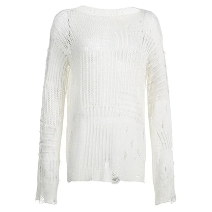 Women's Vintage Gothic Hollow Knit Sweater with Ripped Holes Grunge Y2K Style Thin Long Sleeve Loose Fit Summer Top in Black