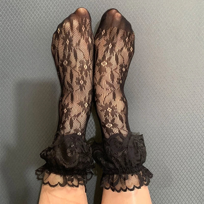 Women Retro Gothic Summer Lace Top Floral Fishnet Ankle Socks Lady Black Nylon Short Lace Stockings 23 Models Shoe Size 5-10