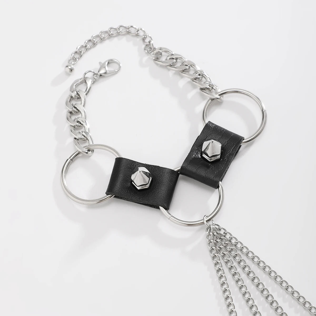 Gothic Black Leather Link Chain Bracelet With Finger Ring for Men