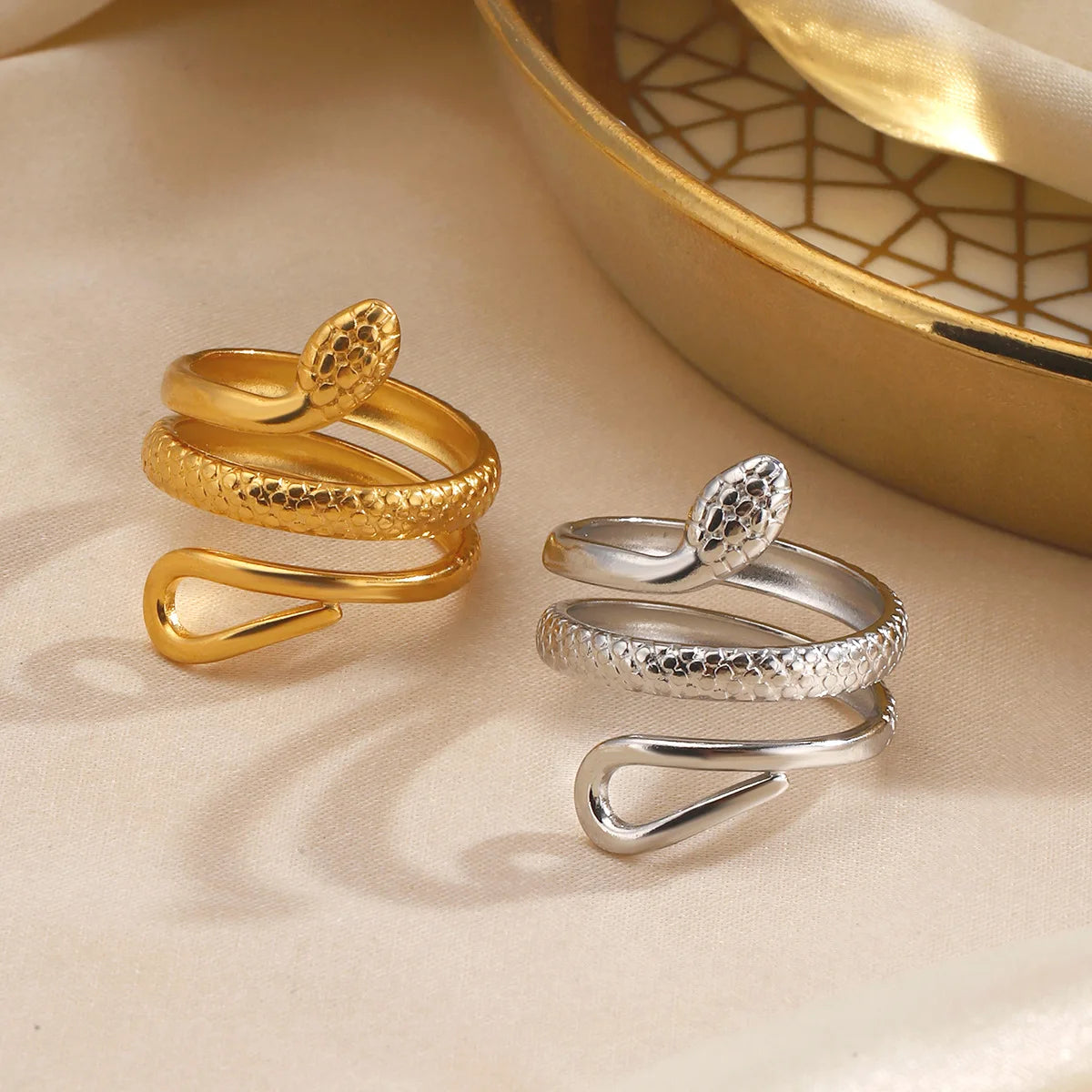 Gothic Snake Shape Adjustable Open Rings for Women Gold Plated Stainless Steel Waterproof Metal Stacking JEWELRY Gift