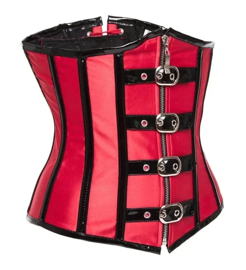 Gothic Steampunk Underbust Corset Top Black Red Spiral Steel Boned Waist Trainer Bustier with Zip Buckles Sliming Corselet