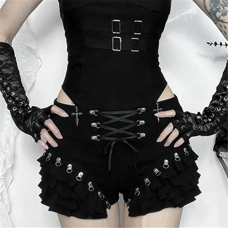 Goth Dark Mall Gothic Bottoms Solid Metal Decor Skinny Short Pant Women Streetwear Y2K Fashion Bandage Tierred Cake Skirt Shorts