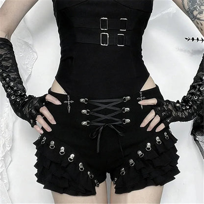 Goth Dark Mall Gothic Bottoms Solid Metal Decor Skinny Short Pant Women Streetwear Y2K Fashion Bandage Tierred Cake Skirt Shorts
