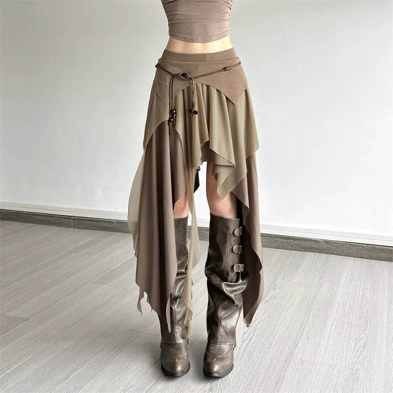 Goth Dark 90s Vintage Bottoms Cyber Y2K Multi-Layer Irregular Hem Skirt Mesh Stitch Women Streetwear Punk Fashion Split Skirts