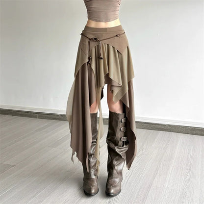Goth Dark 90s Vintage Bottoms Cyber Y2K Multi-Layer Irregular Hem Skirt Mesh Stitch Women Streetwear Punk Fashion Split Skirts