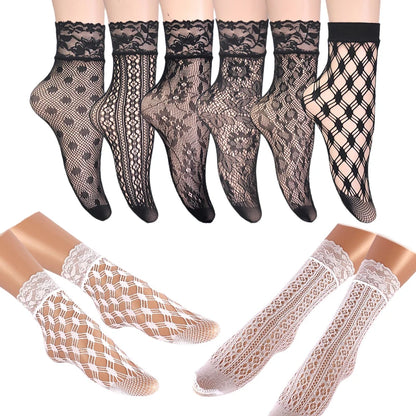 Women Retro Gothic Summer Lace Top Floral Fishnet Ankle Socks Lady Black Nylon Short Lace Stockings 23 Models Shoe Size 5-10