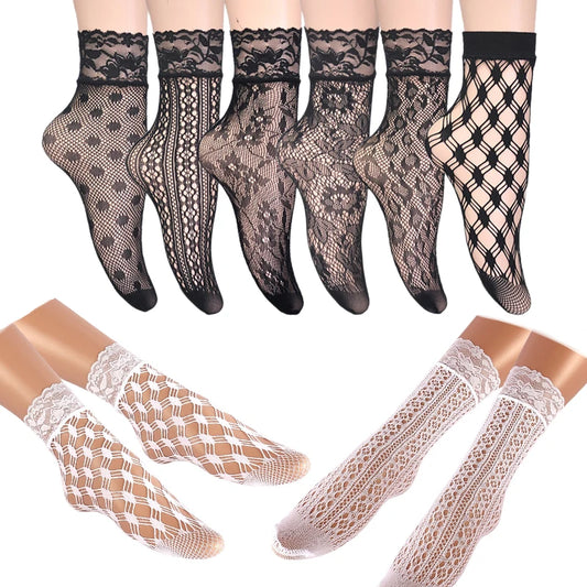 Women Retro Gothic Summer Lace Top Floral Fishnet Ankle Socks Lady Black Nylon Short Lace Stockings 23 Models Shoe Size 5-10