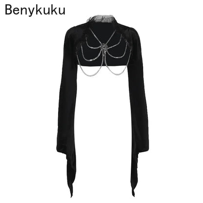 Goth Punk Victoria Velvet Crop Top Flare Sleeve Shrug Female Slim Bolero Partywear Grunge Jacket Vintage Gothic Clothes Cover Up