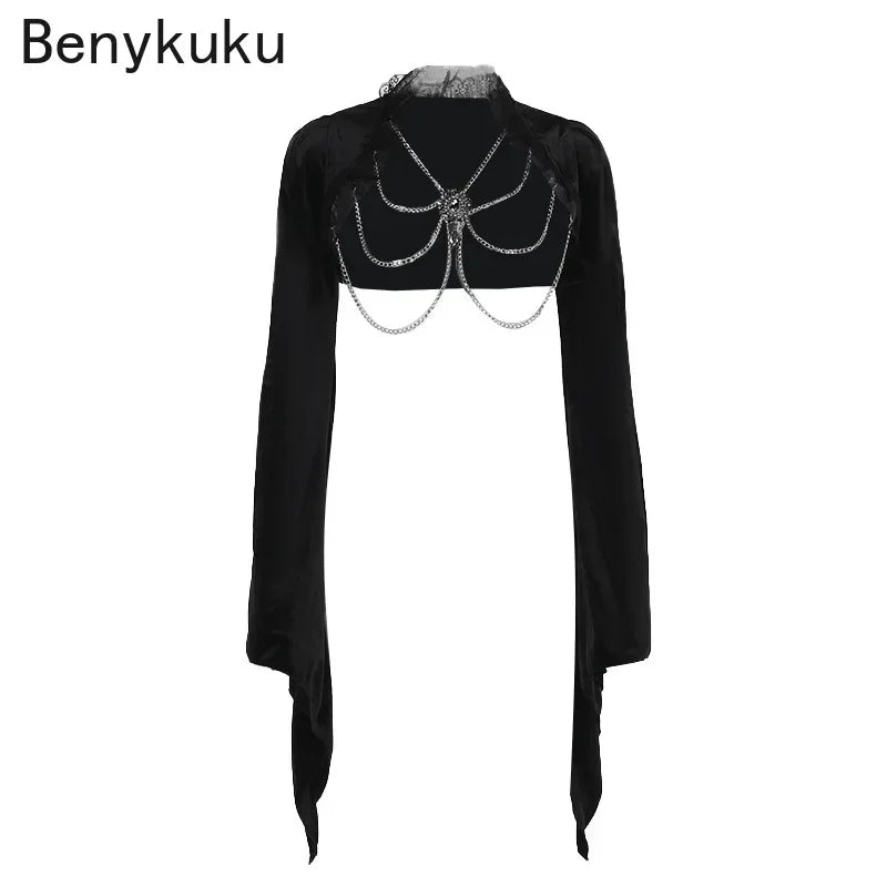 Goth Punk Victoria Velvet Crop Top Flare Sleeve Shrug Female Slim Bolero Partywear Grunge Jacket Vintage Gothic Clothes Cover Up