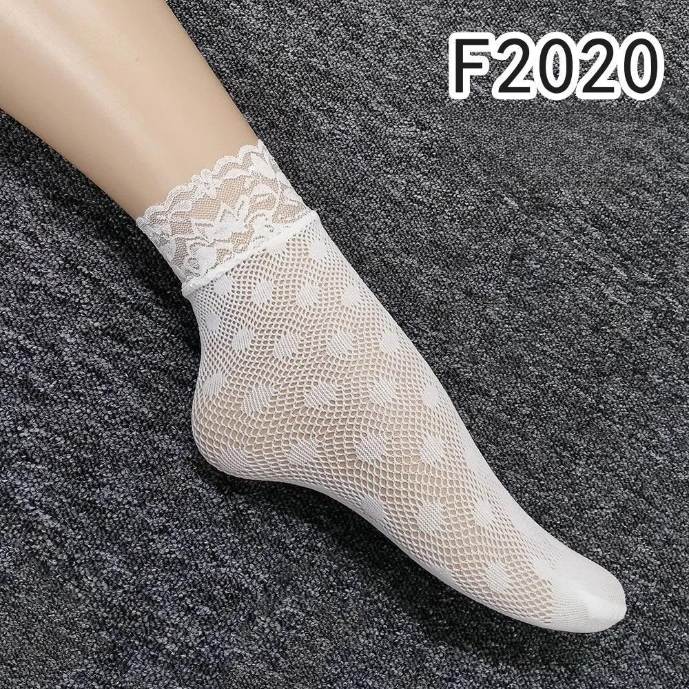 Women Retro Gothic Summer Lace Top Floral Fishnet Ankle Socks Lady Black Nylon Short Lace Stockings 23 Models Shoe Size 5-10