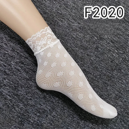 Women Retro Gothic Summer Lace Top Floral Fishnet Ankle Socks Lady Black Nylon Short Lace Stockings 23 Models Shoe Size 5-10