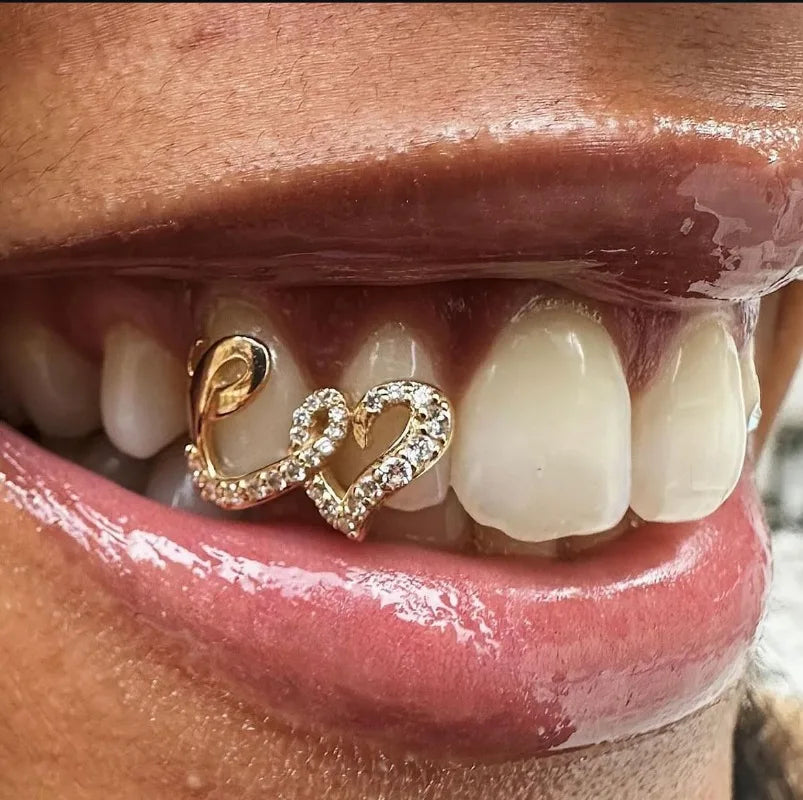 1Pcs European and American Double Love Copper Micro Inlaid Zircon Hip Hop Braces Personalized Trendy Teeth Decor