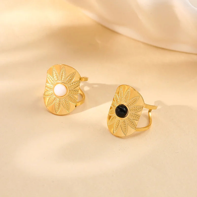 Exquisite Natural Stone Stainless Steel Flower Opening Rings 18k Gold Cubic Zirconia Finger Jewelry For Women Wedding Gift