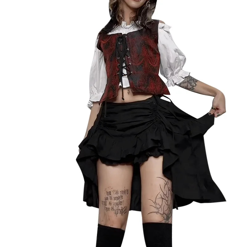 Goth Pure Color Fashion Irregula Hem A-line Skirts Mall Gothic Drawstring Pleated Mini Skirt Women Punk Streetwear Bottoms