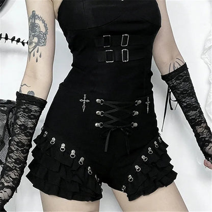 Goth Dark Mall Gothic Bottoms Solid Metal Decor Skinny Short Pant Women Streetwear Y2K Fashion Bandage Tierred Cake Skirt Shorts
