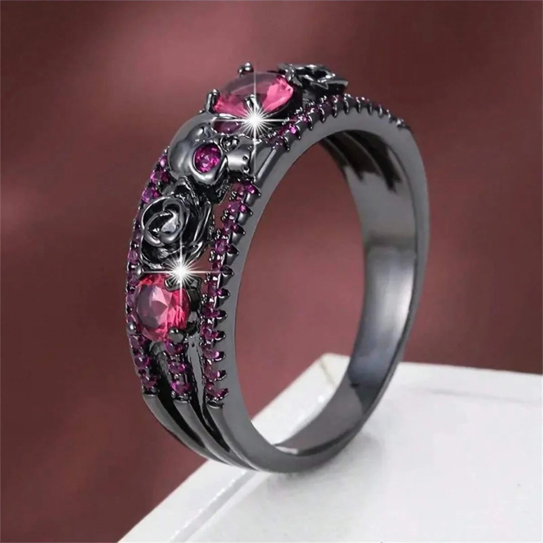 Punk Gun Black Color Women's Zircon Rings Gothic Hollow Rose Design Red Rhinestone Skull Ring Engagement Jewelry Gifts Wholesale