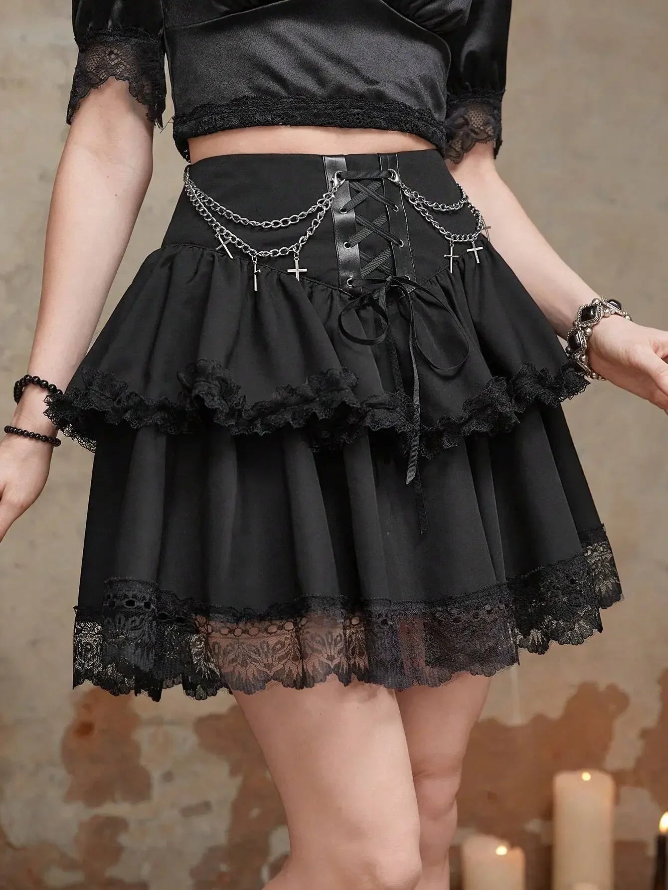 ROMWE Goth Women's Punk Cross Metal Decor Ruffle Hem Skirt