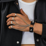 Gothic Black Leather Link Chain Bracelet With Finger Ring for Men