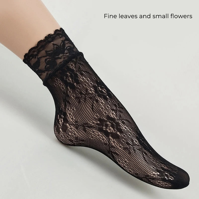 Women Retro Gothic Summer Lace Top Floral Fishnet Ankle Socks Lady Black Nylon Short Lace Stockings 23 Models Shoe Size 5-10